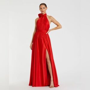Mac Duggal 49333 NWT Red Soft Tie Halter Neck High Slit Gown